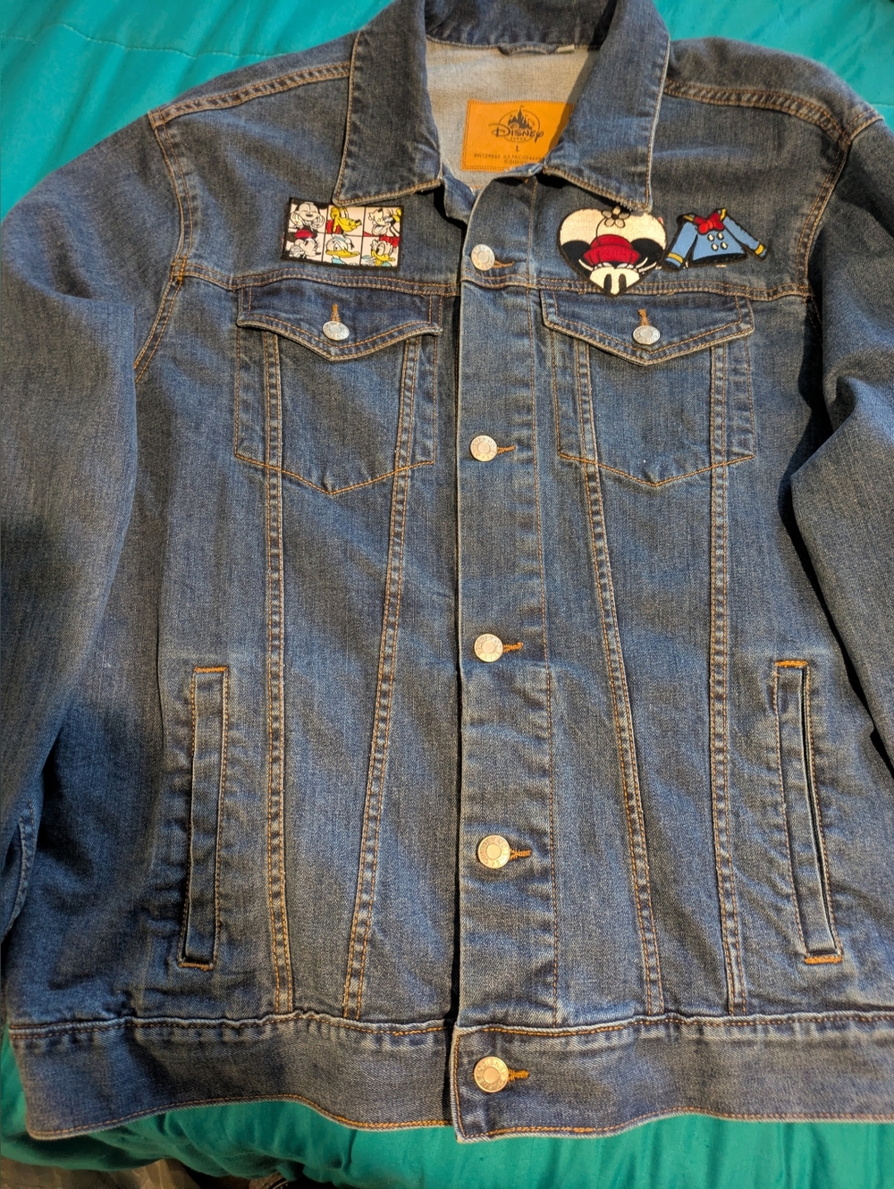 Disney Adult Custom Upcycled Blue Denim Jacket with Mickey & Friends Patches